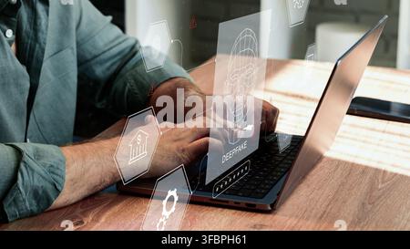 Création de contenus deep fake à l'aide d'un ordinateur portable avec des superpositions virtuelles affichant des outils numériques et des graphismes faciaux Banque D'Images