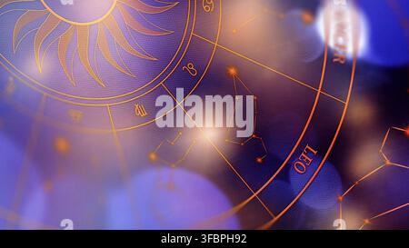 Signes du zodiaque astrologique sur un graphique circulaire montrant les motifs solaires et les constellations Banque D'Images
