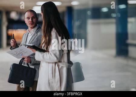Collègues d'affaires discutant des graphiques et de la stratégie tout en examinant des documents dans un bureau moderne Banque D'Images
