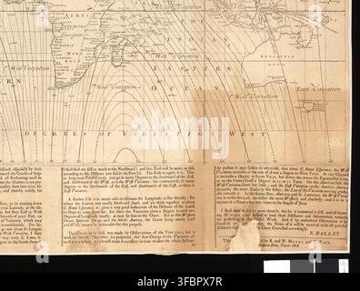 Une carte historique de 1700 de l'Afrique, de l'océan Atlantique et de l'océan Indien, détaillant diverses régions incluant l'Afrique, Madagascar et la Nouvelle-Hollande, avec des annotations sur le magnétisme et les degrés de variation. Banque D'Images