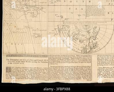 Une carte du monde de 1700 montrant les variations de la boussole, avec des cartouches décoratives, et détaillant les océans Atlantique, Pacifique et Indien. Banque D'Images