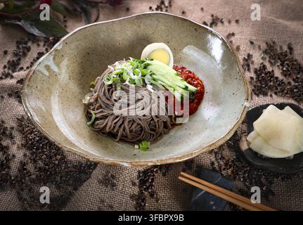 Nouilles de sarrasin épicées coréennes traditionnelles avec concombre, œuf et sauce au piment rouge dans un bol en céramique. Banque D'Images