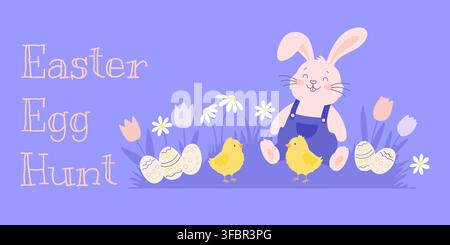 Texte de chasse aux œufs de Pâques avec un lapin mignon, des poussins et des œufs décorés parmi des fleurs printanières. Conception de bannière d'illustration festive pour les fêtes de printemps. Illustration de Vecteur