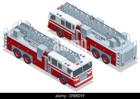 Camion de pompiers isométrique avec échelle (ladder) représenté sous plusieurs angles Illustration de Vecteur