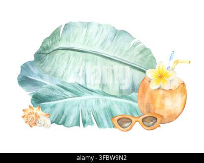 Un modèle aquarellé sur le thème des vacances d'été tropicales. Feuilles vertes d'un palmier à bananes des îles. Un cocktail à la noix de coco dessiné à la main avec Plumeria Banque D'Images