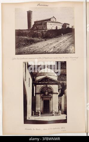Photographie du XIXe siècle de l'église San Apollinare et du mausolée de Dante à Ravenne, en Italie, avec un texte indiquant le début de la construction de l'église en 534 et la mort de Dante en 1321, et non en 1521, car le poète est mort à Ravenne le 14 septembre 1321. Banque D'Images