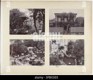 Une photographie de la fin du XIXe ou du début du XXe siècle, montrant quatre images d'un jardin et d'une maison, spécifiquement la Maison de Dayet à Kobe, datée d'avril 1902, avec des marquages supplémentaires et une mention de "Pipo". Banque D'Images