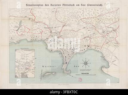 Une carte de 1910 de la région autour de Pörtschach am See, Autriche, incluant le lac de Wörthersee, publiée par le Gutenberghaus à Klagenfurt, avec divers lieux et routes marqués, intitulée Situationsplan des Kurortes Pörtschach am See. Banque D'Images