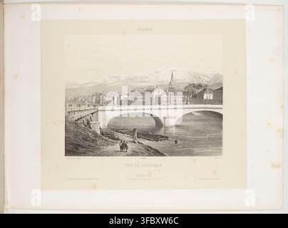 Une gravure du milieu du XIXe siècle de Grenoble, France, montrant un pont sur l'eau avec des bâtiments et des montagnes en arrière-plan, publiée par N.P. Lerebours et H.P. Bossange, de la série Excursions daguerriennes, par le photographe français Noël-Marie Paymal Lerebours. Banque D'Images