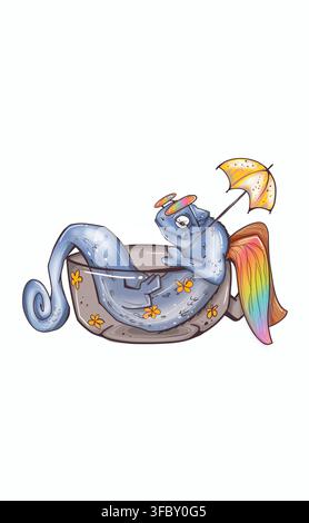 Une illustration d'un caméléon dans une tasse, art de repos, dessin animé, gribouillis, lézard, nage Banque D'Images