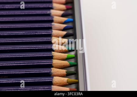 Un ensemble soigneusement organisé de crayons de couleur professionnels affichés dans une boîte de rangement en métal, montrant des pointes affûtées dans un spectre de couleurs arc-en-ciel. Le c Banque D'Images