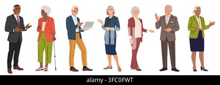 Des seniors divers se tiennent côte à côte, souriant chaleureusement Illustration de Vecteur