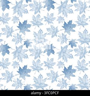 Motif monochrome bleu sans couture avec des feuilles d'érable aquarellées Banque D'Images
