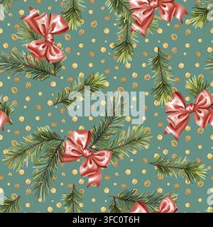 Motif sans couture avec branches de sapin et nœuds. Fond de Noël vert avec paillettes dorées Banque D'Images