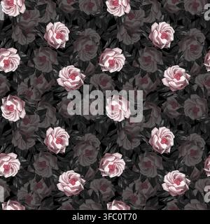 Motif floral sans couture avec des roses roses et des feuilles roses sur fond noir Banque D'Images