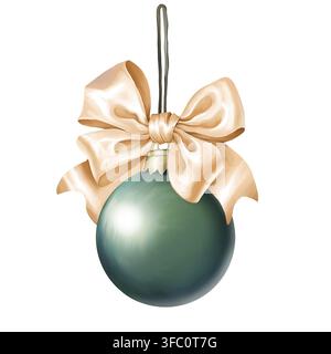 Boule verte de Noël avec nœud jaune. Boule en verre de fête isolée sur fond blanc Banque D'Images