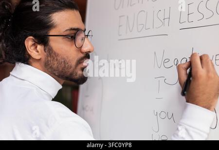 Professeur indien écrivant des règles de grammaire anglaise sur Blackboard enseignant à l'intérieur Banque D'Images