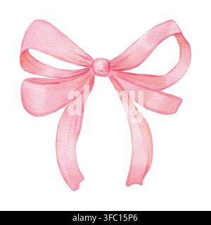 Illustration au trait aquarellée d'un nœud ruban rose isolé sur fond blanc. Nœud décoratif pour boîte cadeau, fête, anniversaire. Banque D'Images