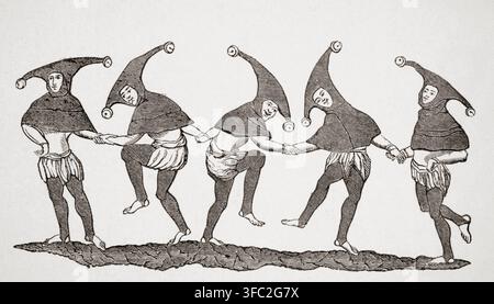 Danse des fous. Reproduction du XIXe siècle d'une miniature du manuscrit du XIIIe siècle. Banque D'Images