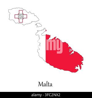 Illustration : Carte de Malte, découpée dans les couleurs du drapeau du pays sur fond blanc Banque D'Images