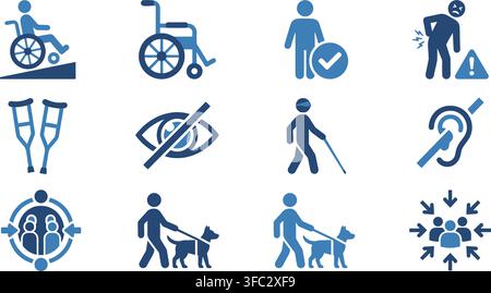 Collection d'icônes de handicap bleu et bleu foncé montrant un fauteuil roulant, des béquilles, des aveugles, des sourds et une assistance pour l'accessibilité. Illustration de Vecteur