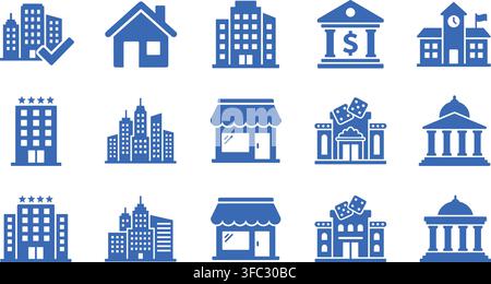 Collection d'icônes bleues pour bâtiments d'entreprise et municipaux, conçue pour les cartes immobilières et les systèmes architecturaux urbains. Illustration de Vecteur