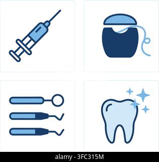 Ensemble d'icônes de ligne pour les soins dentaires comprenant une seringue, du fil dentaire, un miroir, des outils et une dent pour les soins cliniques et l'hygiène buccale. Illustration de Vecteur