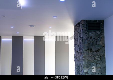 Un espace intérieur contemporain mettant en vedette un pilier en pierre frappant, des panneaux muraux verticaux et des lumières encastrées subtiles au plafond Banque D'Images