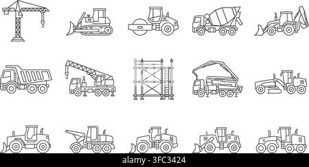 Icônes de machines lourdes et d'équipements de construction mettant en vedette des excavateurs à chenilles, des bulldozers, des grues et des camions de transport. Illustration de Vecteur