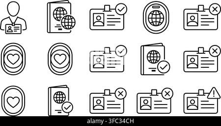 L'ensemble de cartes d'identification comprend des icônes de badge, de passeport et d'accès sécurisé personnel en style linéaire noir pour les affaires. Illustration de Vecteur