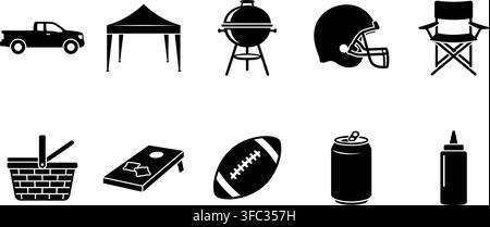 Ensemble d'équipement de camping en plein air silhouette noire comprend un barbecue de camion, un casque, des chaises, un panier de pique-nique, des jeux et des boissons. Illustration de Vecteur