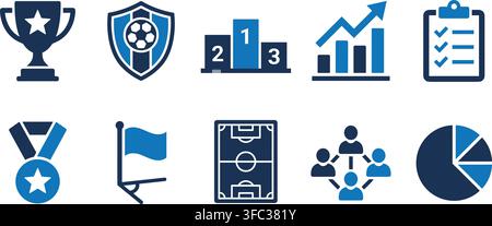 Icônes de réussite sportive et commerciale en bleu pour les gagnants et les indicateurs de performance. Illustration de Vecteur