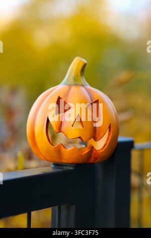 Lanterne citrouille d'Halloween placée dans le jardin parmi le feuillage symbolisant une décoration extérieure festive. Banque D'Images
