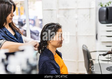 Coiffeur coiffant les cheveux mouillés de la femme dans le salon Banque D'Images