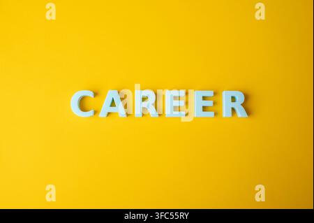 Lettres blanches CARRIÈRE sur fond jaune avec grand espace de copie. Concept de développement de carrière, croissance professionnelle, emploi, planification de carrière, jo Banque D'Images