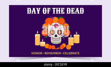 Flyer mexicain pour le Dia de los Muertos mettant en scène un crâne de calavera coloré, une fleur de cempasuchil, la Catrina, un ornement festif et un symbole culturel traditionnel en illustration vectorielle. Illustration de Vecteur