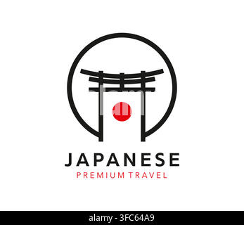 Icône de porte Torii japonaise avec soleil rouge. Badge emblème asiatique inspiré de l'architecture traditionnelle des sanctuaires shintoïstes, représentant la culture japonaise, les voyages ou le patrimoine. Monument vintage japonais Tori bâtiment Illustration de Vecteur