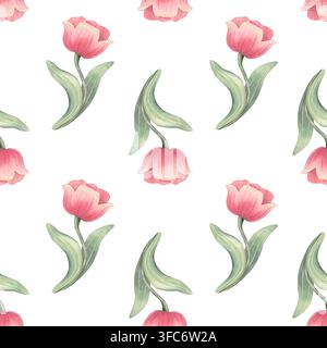 Motif coquette sans couture avec des tulipes charmantes. Illustration aquarellée peinte à la main isolée sur blanc pour textiles, tissus, papeterie, emballages Banque D'Images