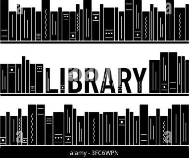 Silhouettes de livres sur les étagères de la bibliothèque. Dos de littérature. Livres pliés en formant le mot Bibliothèque. Lecture et apprentissage. Image en noir et blanc. Dans Illustration de Vecteur