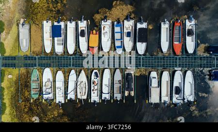 Vue aérienne de Ribarsko ostrvo avec de petits bateaux et des motomarines amarrés à un long quai sur le Danube, entourés de végétation verte à Novi Sad, Banque D'Images