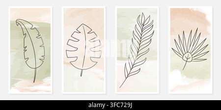 Contours de feuilles tropicales sur un fond de taches d'aquarelle. Thème de botanique, de plantes et d'écologie. Nature. Bannières et cartes postales. Couleurs pastel. 4 types o Illustration de Vecteur