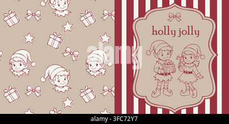 Ensemble de Noël avec un motif sans couture d'elfes mignons, cadeaux, nœuds et étoiles, associé à une carte de vœux rétro de Noël mettant en scène deux Noëls joyeux Illustration de Vecteur