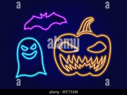 Collection de symboles d'Halloween. Fantôme néon, chauve-souris et citrouille. Lignes néon. Illustration vectorielle Illustration de Vecteur