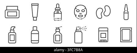 Ensemble d'icônes linéaires minimalistes pour l'emballage de produits de soins de la peau. Pot de crème, bouteille de shampooing, compte-gouttes, masque, patchs oculaires, ampoule, spray, sachet vecteur linéaire minimal Illustration de Vecteur