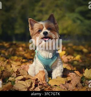 Yorkshire Terrier Biewer of a Dog - un animal de compagnie avec un fond d'automne dans la nature Banque D'Images