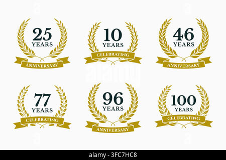 Ensemble de badges de milestone d'anniversaire en couronne de laurier avec rubans dorés, célébrant les années et les emblèmes du patrimoine Illustration de Vecteur
