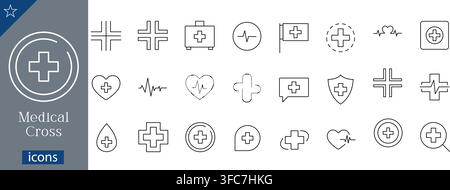 Ensemble d'icônes en ligne de croix médicale montrant des symboles de soins de santé, trousse de premiers secours, battement cardiaque, croix d'hôpital, signe plus et vecteur linéaire de protection de la santé Illustration de Vecteur