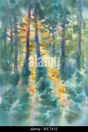 Rays de soleil dans une forêt d'automne fond aquarelle abstrait Banque D'Images