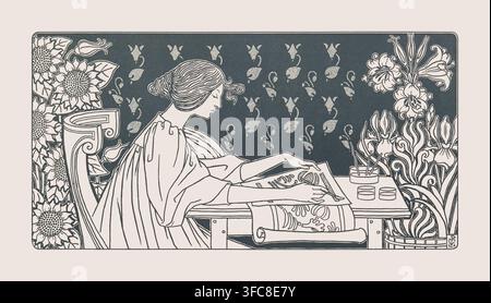 Art Nouveau en lignes créé en 1896 par Maurice Pillard Verneuil représentant une artisanne travaillant à son bureau. Elle applique méticuleusement de la peinture à travers un rouleau de pochoir floral. Elle est étroitement flanquée de tournesols et de lys en fleurs. Banque D'Images