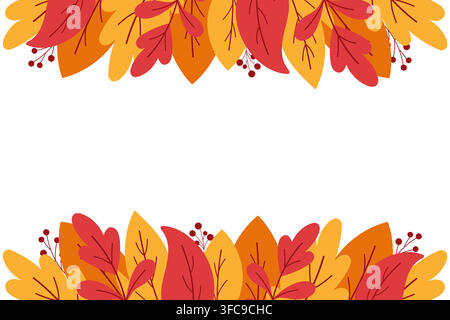 Cadre horizontal de feuilles d'automne en orange, rouge, jaune avec des baies et espace de texte. Bordure vectorielle pour cartes, étiquettes, affiches Illustration de Vecteur
